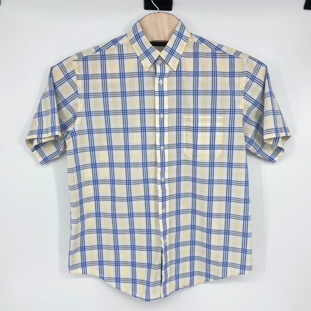 Roundtree & Yorke Button Down Shirt Mens Large Blue‎ Yellow Plaid Preppy Classic